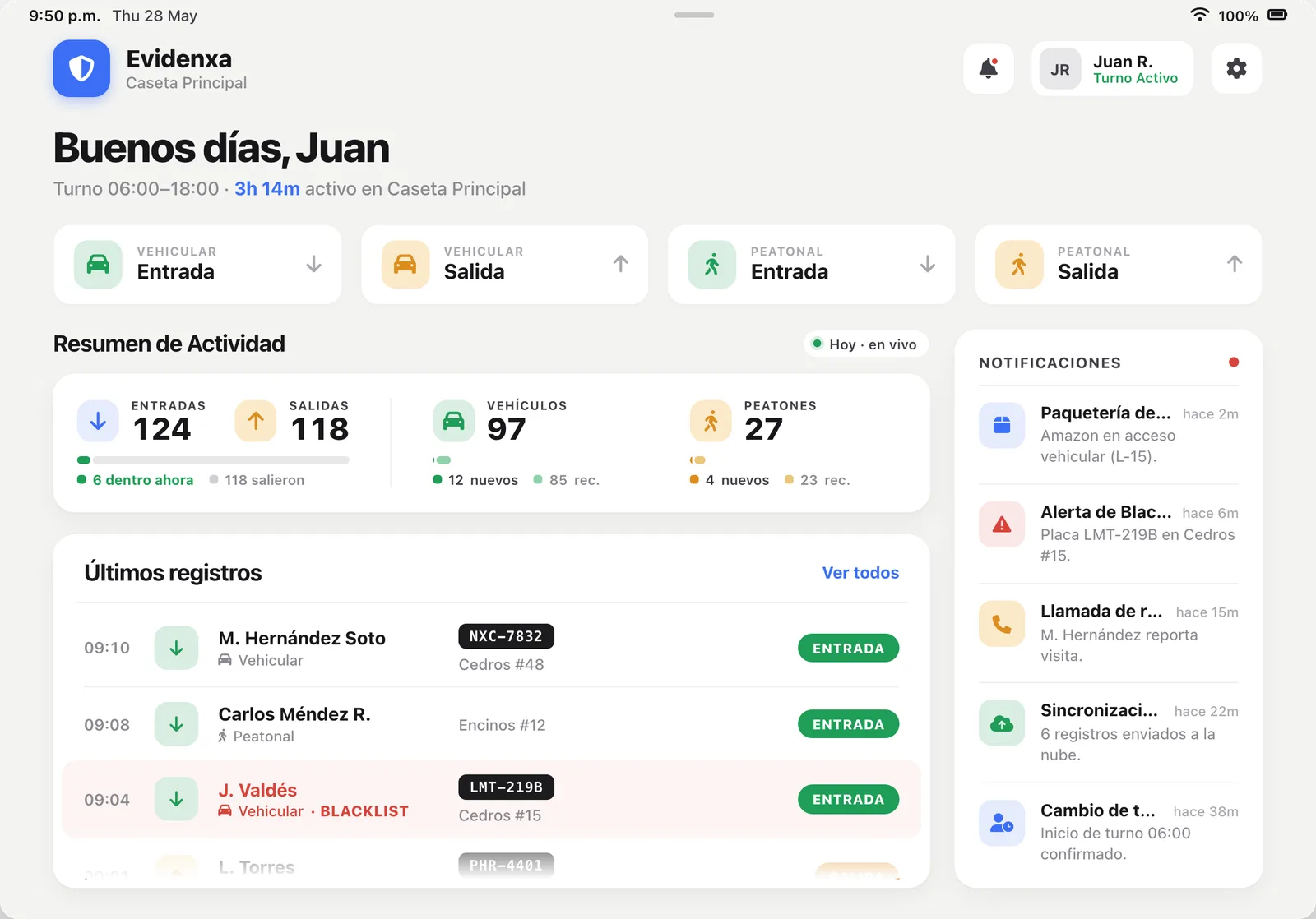 App de caseta en iPad — resumen de actividad y registros